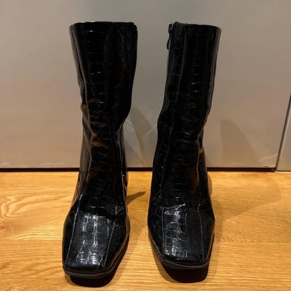 Nasty Gal Black Croc-Pattern Heeled Boots
